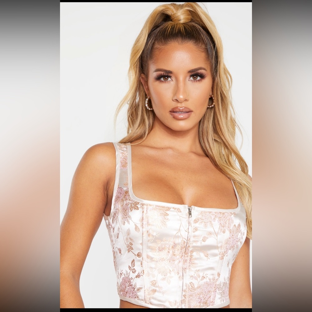 Pink Satin Print Zip Front Corset